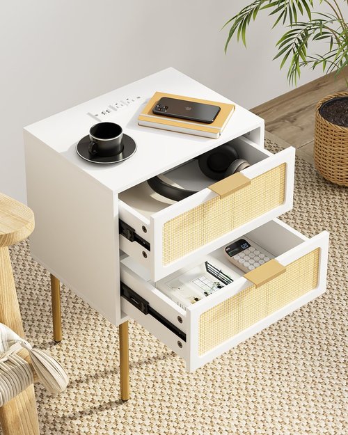 Aobafuir Nightstand with Charging Station, Rattan Nightstand for Bedroom, Small Bedside Table with Drawers, Night Stand, End Table with Gold Frame for Living Room (White, 2 Drawers)