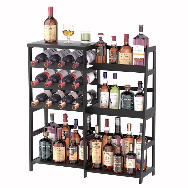 VASMIA Versatile Liquor Stand for Home Bar, Wine Rack Freestanding Floor, Mini Bar Table with Bamboo Trapezoidal Liquor Bottle Display Shelf Cabinet for Living Room, Natural