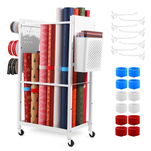 Essenhome Adjustable Wrapping Paper Organizer Cart With 12Pcs Slap Bands, Rolling Wrapping Paper Storage,Gift Wrap, Blueprint Storage, Craft Organizers