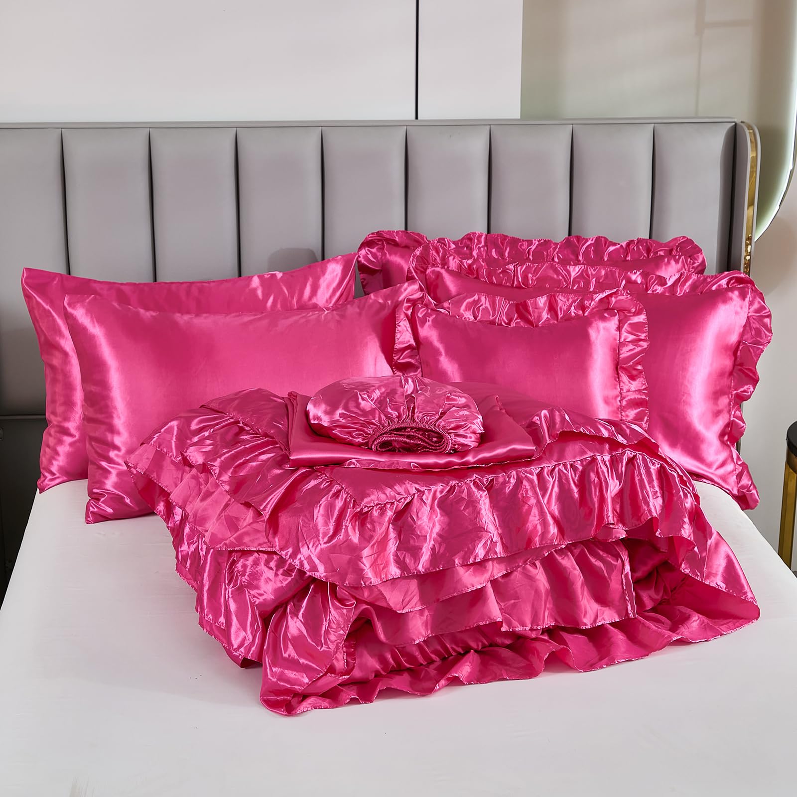 Satin Comforter Set with Sheets,Queen Bed Set,Hot Pink Comforter Set,Bed Room Decor Aesthetic,Silk Like Satin Bedding,8-Piece Ruffle Comforter Bed in a Bag Set, Pink Aesthetic Bedding Set
