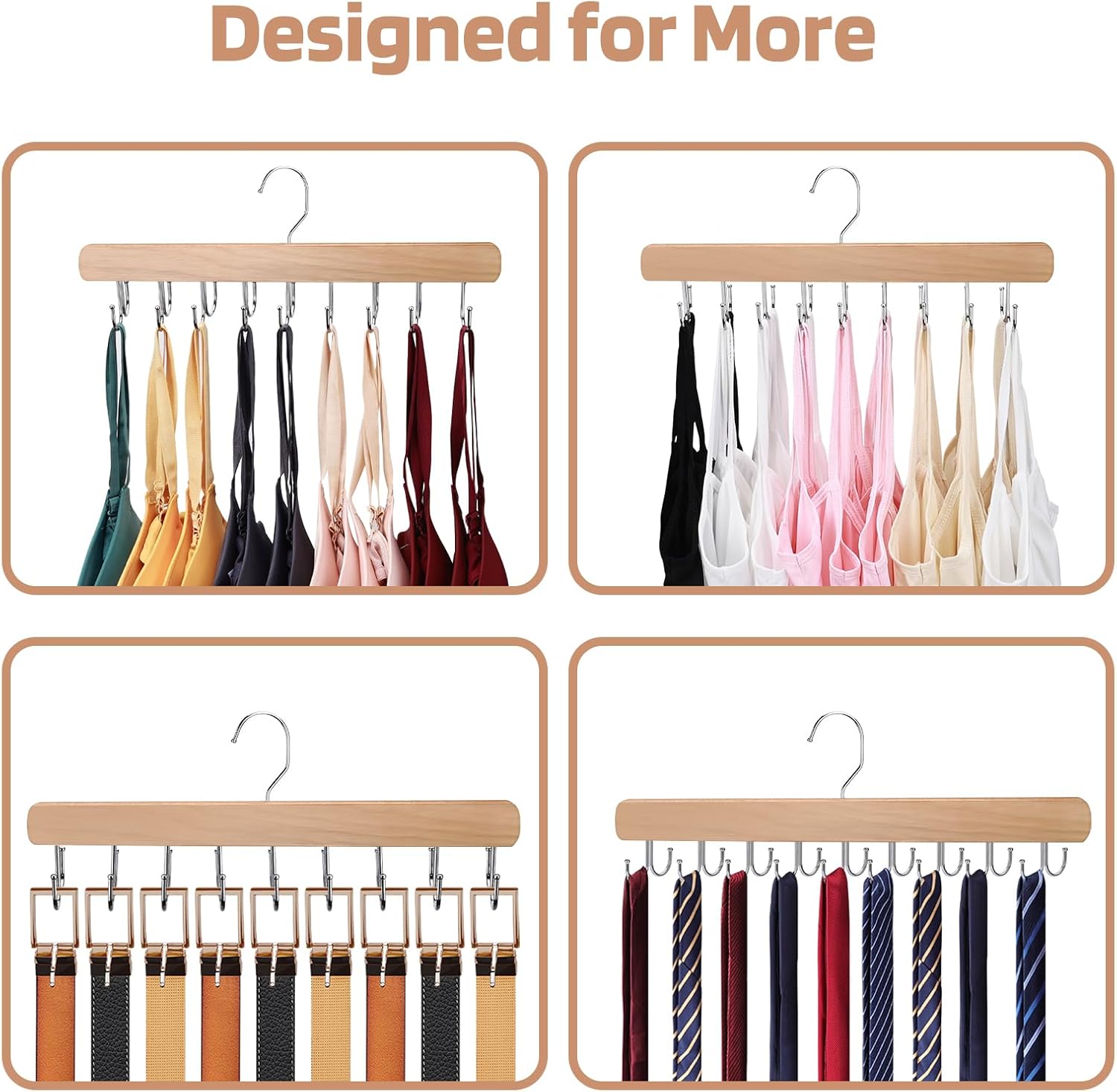 NECAMOCU Premium Wooden Bra Hanger - 2 Pack Closet Organizer with 36 Foldable Hooks & 360° Rotation