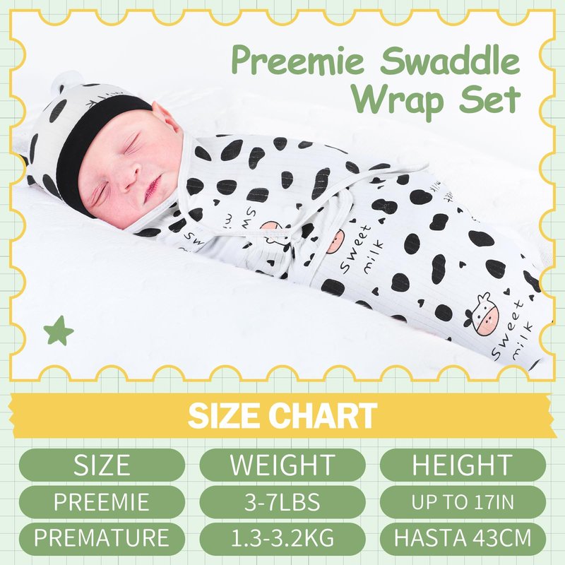 VitalCozy 2 Pack Preemie Baby Swaddle Blanket Wrap with Hat 3-7 Lbs Preemie Hat Newborn Receiving Blanket Wrap for Boy Girl(Animals, Cow)