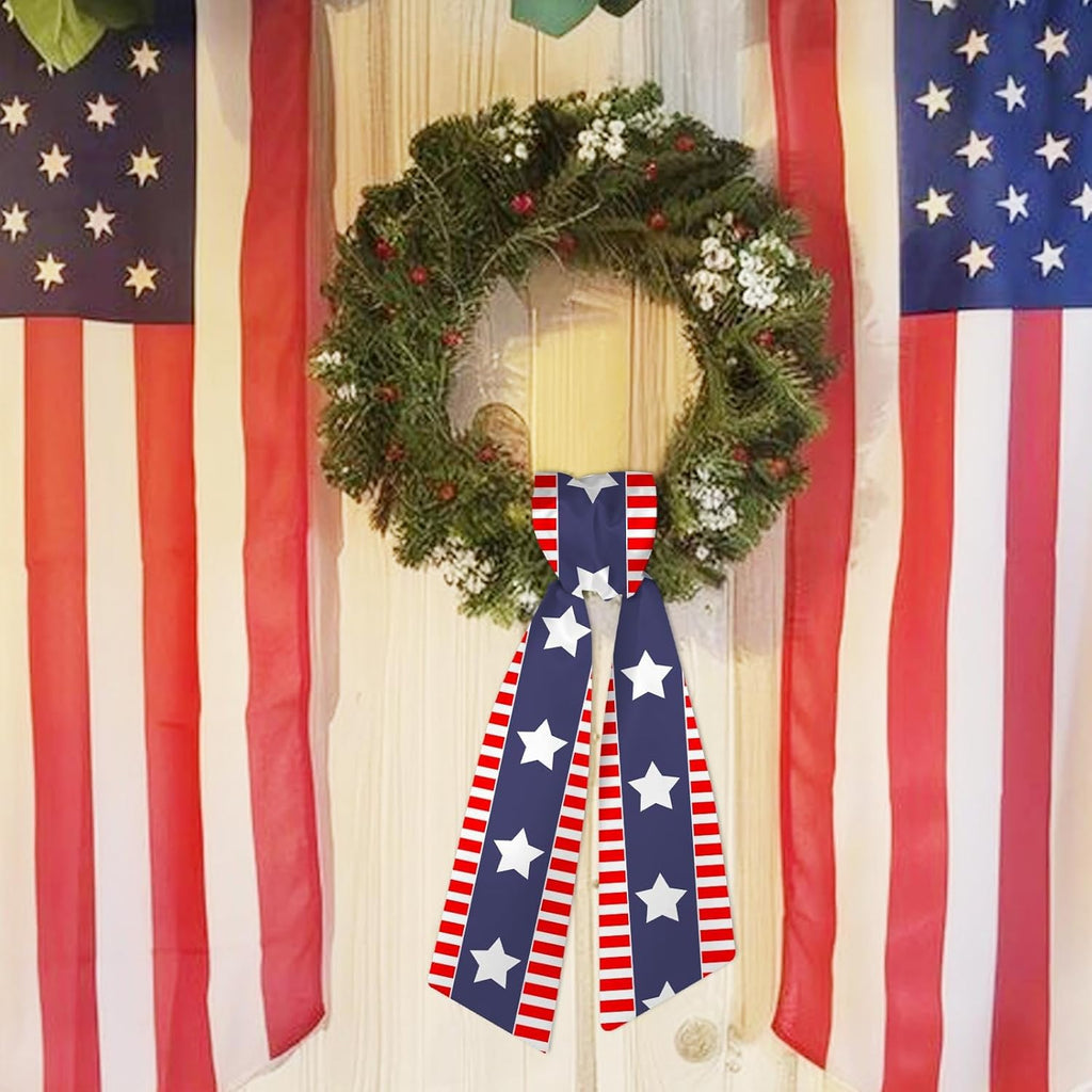 Patriotic 4th of July Wreath Sash - 4.5" x 56" Red & Blue Satin Ribbon with Stars & Stripes