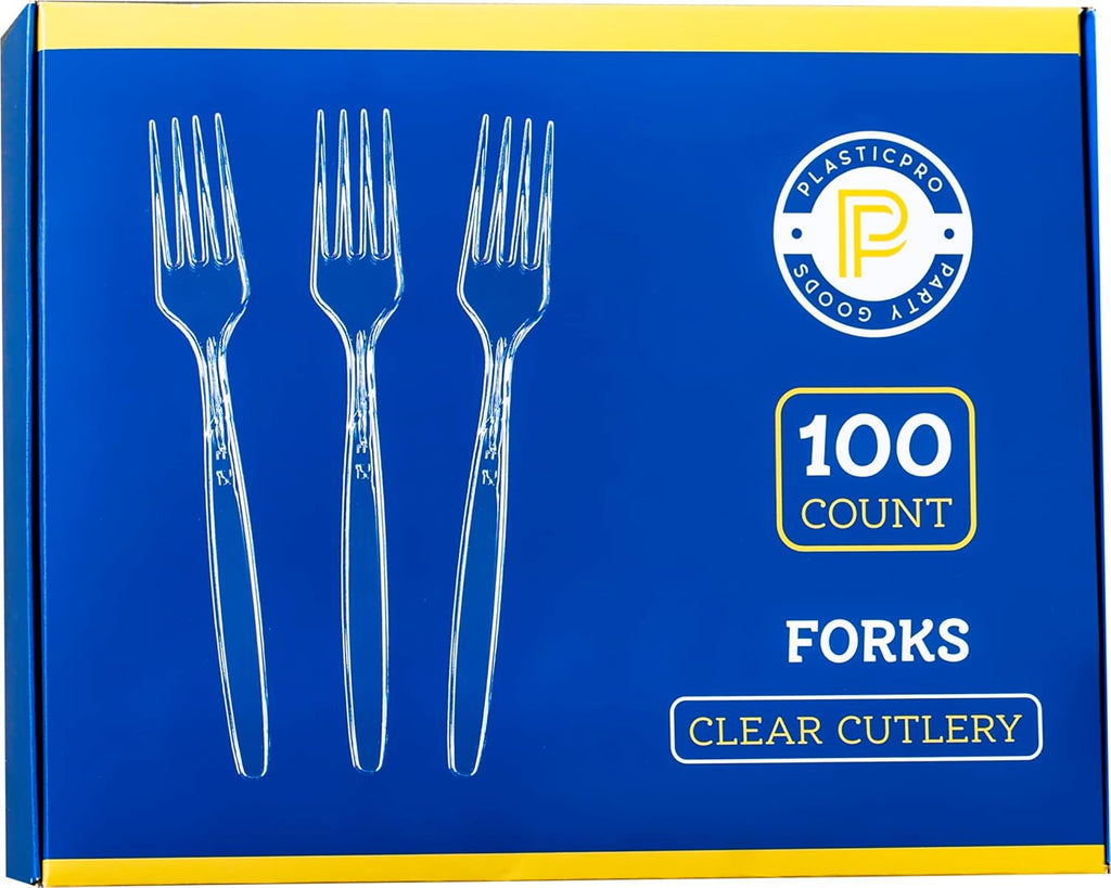 Plasticpro Heavyweight Disposable Clear Plastic Cutlery - 100 Count Forks for Convenient Dining