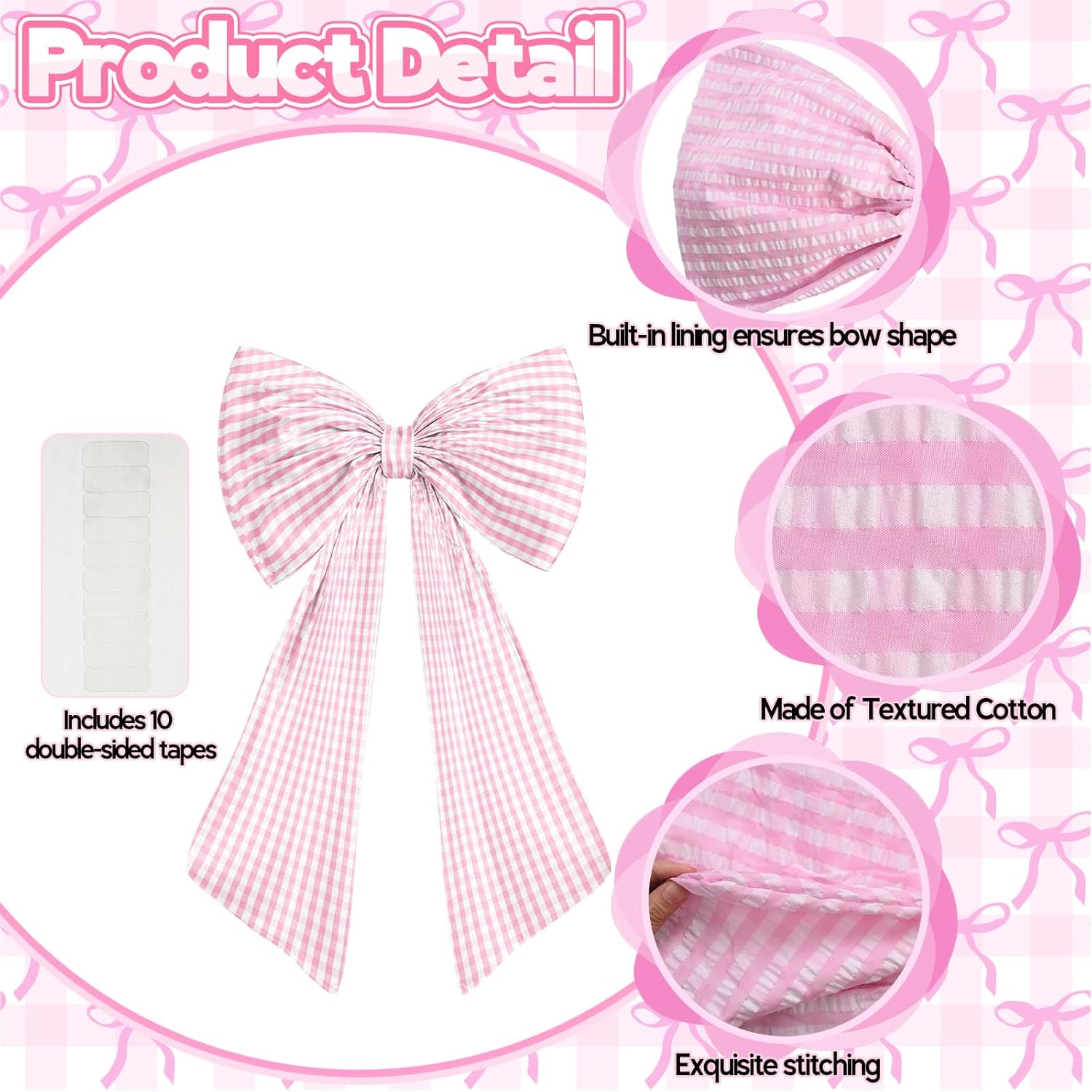 Skiennix Giant Pink & White Checkered Bow - Perfect for Girls' Birthday Party Decor | Textured Cotton, Large Size