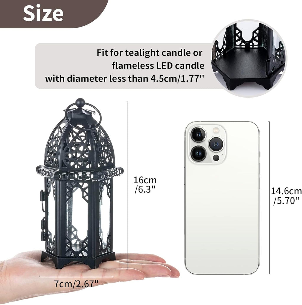 NUPTIO Moroccan Style Candle Lanterns - Small Tealight Holders with Glass Panels | Perfect for Events, Weddings & Patio Decor (2 Pcs, Black)