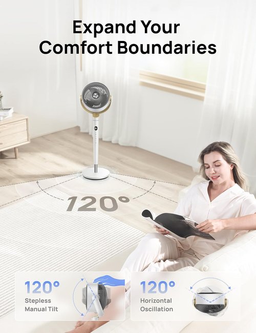 Dreo Oscillating Standing Fan - Quiet 120° Pedestal Fan with 9 Speeds & Adjustable Height (37-42") - White