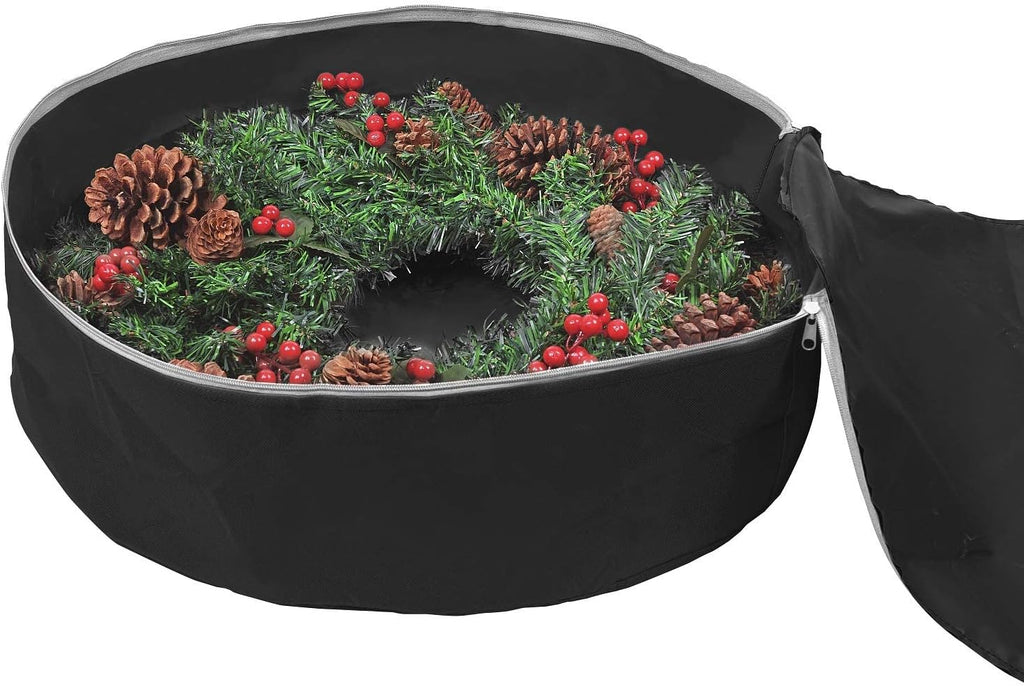 Primode Heavy Duty Christmas Wreath Storage Bag - Durable 600D Oxford Polyester - 24" Black Container with Handles