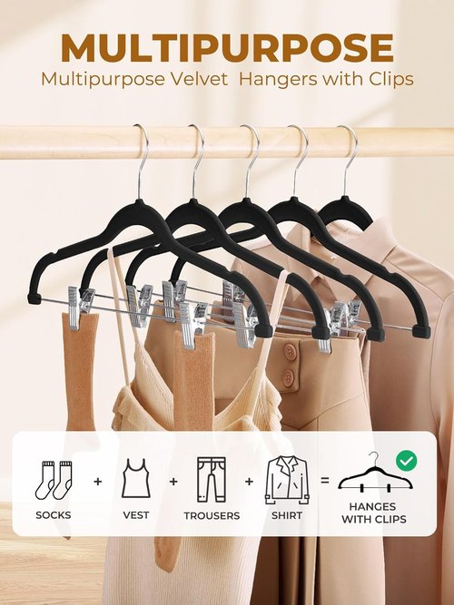 HOUSE DAY Black Velvet Hangers - 60 Pack Premium Non-Slip Clothes Hangers with Adjustable Clips