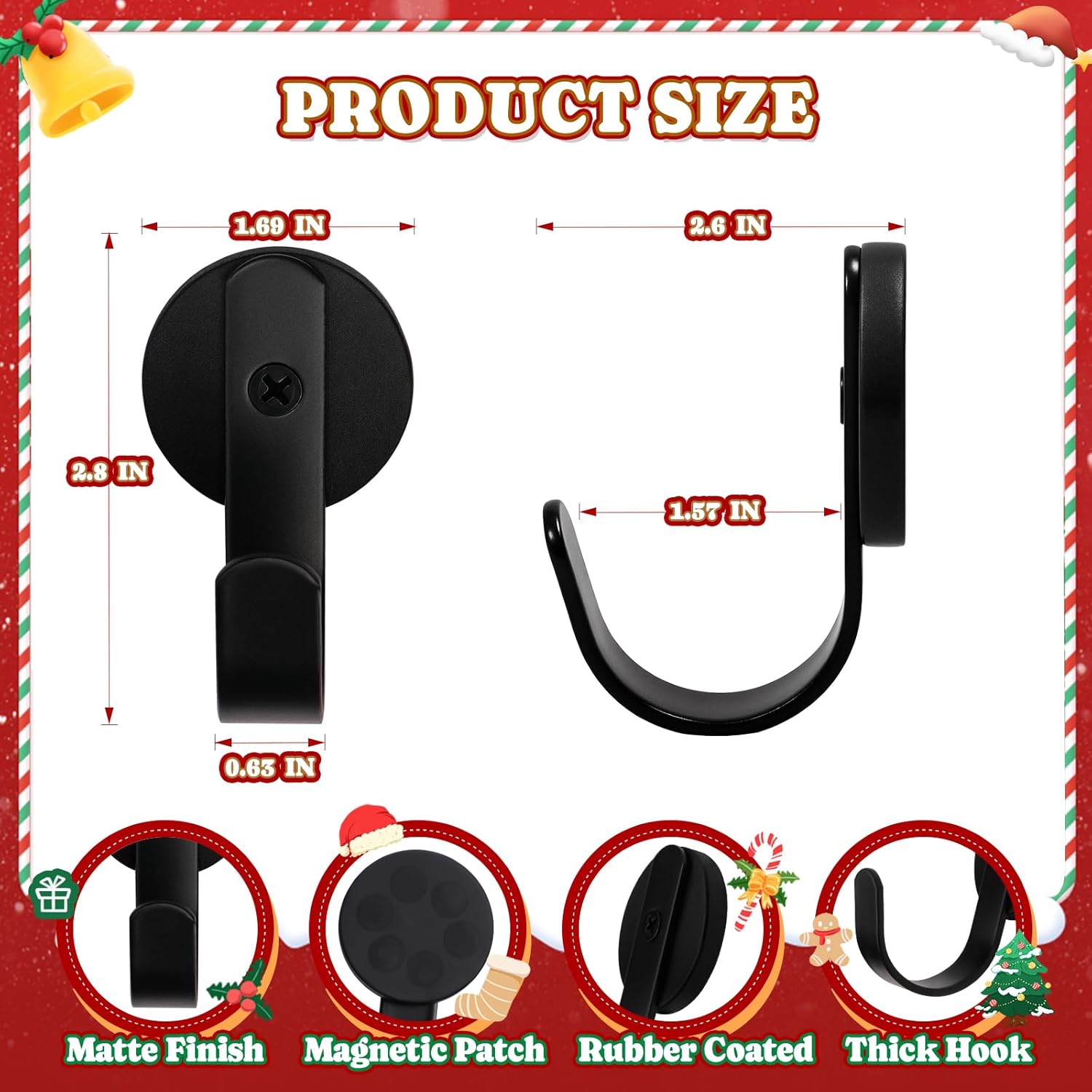 Skiennix Magnetic Wreath Hanger - Rubber Coated Hooks for Metal Doors & Fridges | Black, 2 Pcs