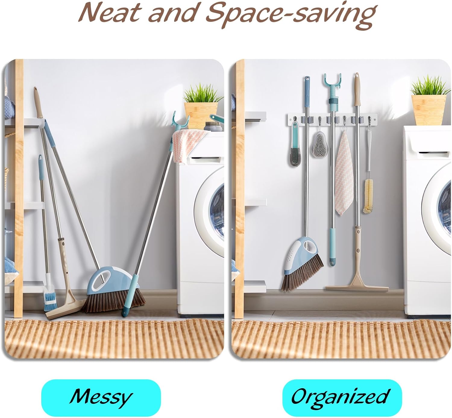 OUTNILI Wall-Mounted Mop Broom Holder - 3 Slots & 4 Hooks for Kitchen & Garden Organization