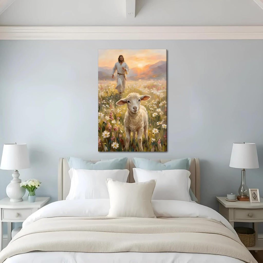 SIXWOOD Canvas Wall Art - Good Shepherd Jesus Seeking Lost Sheep | Framed 12x16 in Christian Decor