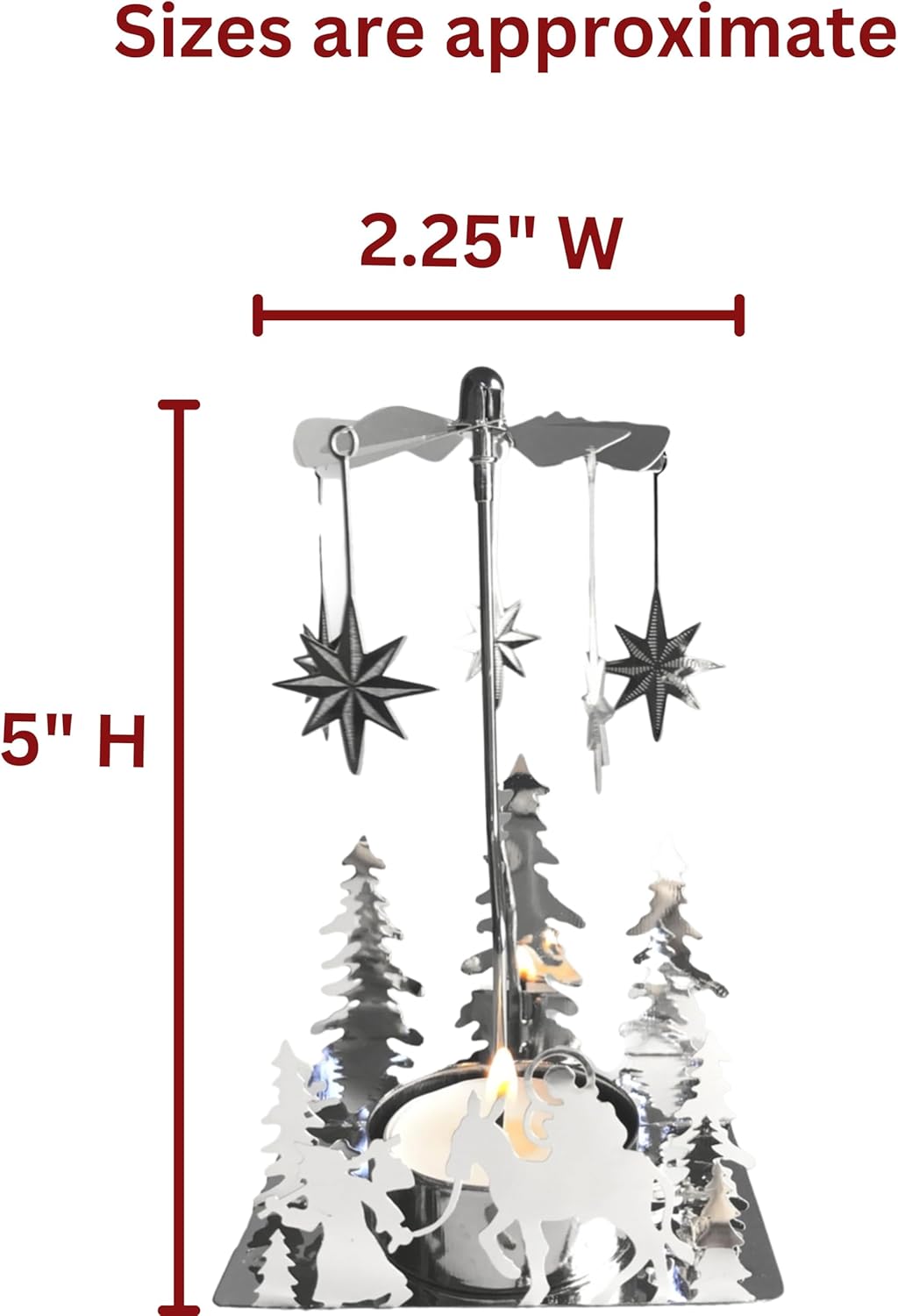 Nativity Candle Spinner - Laser-Cut Silver Tea Light Holder with Nativity Scene & Moravian Stars | 5" H x 3.5" L