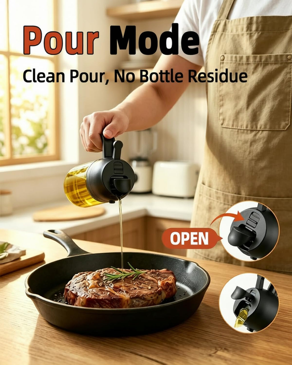 Skiennix 16oz Oil Sprayer - 2-in-1 Food Grade Glass Dispenser for Cooking & BBQ (Black)