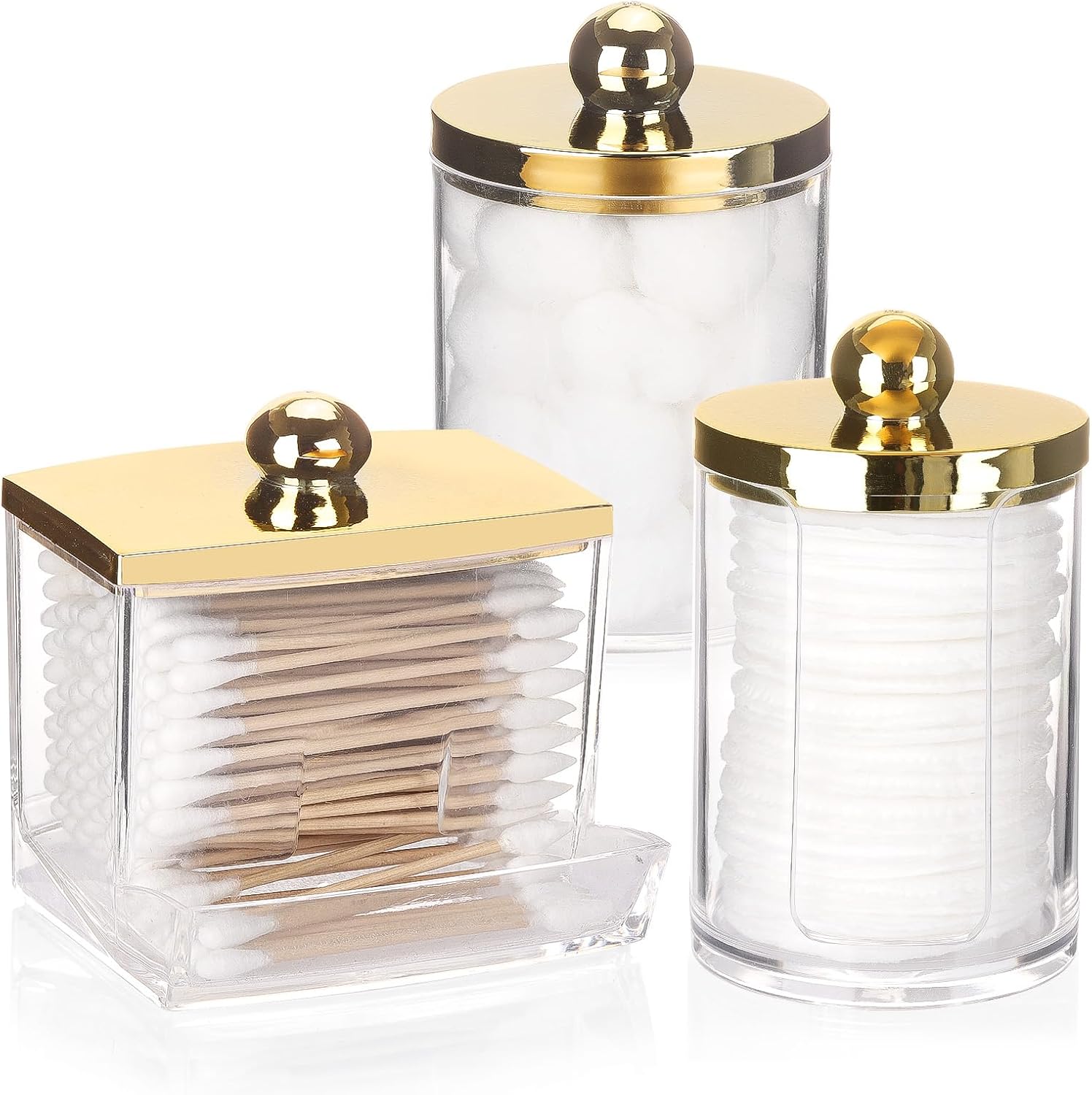 Tbestmax Q-Tips Dispenser | 3-Pack Bathroom Organizers - Plastic Apothecary Jars with Gold Lids