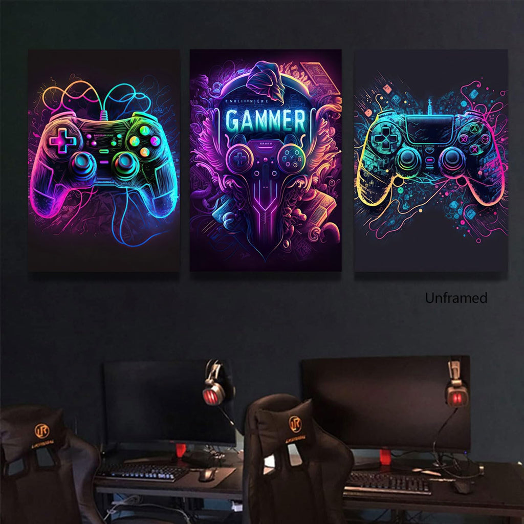 Riveda Gaming Wall Art - Colorful Neon Gamepad Canvas Prints for Boys' Room | Unframed 16"x24" (3pcs)