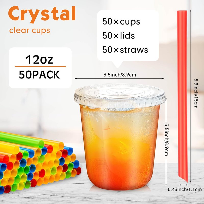 Ziliny 50 Sets Clear Cups with Lids and Jumbo Smoothie Straws Disposable Plastic Cups for Smoothies, Bubble Milk Tea, Milkshakes, Cold Drinks (12 oz)