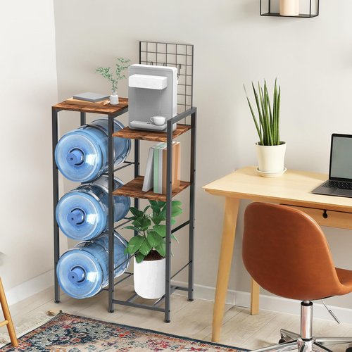 Water Bottle Holder Organizer 5 Gallon Water Jug Holder 5 Cup Hooks Heavy Duty Water Dispenser Stand Rack with Storage Shelves Water Cooler Jug Rack for Kitchen, Office, Living Room, Rustic Brown