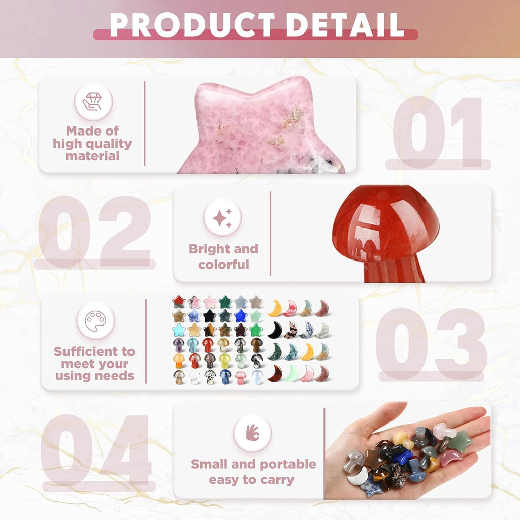Nuenen 54-Piece Worry Stones Set - Mushroom, Moon & Star Shaped Crystal Sculptures for Meditation | Elegant Decor