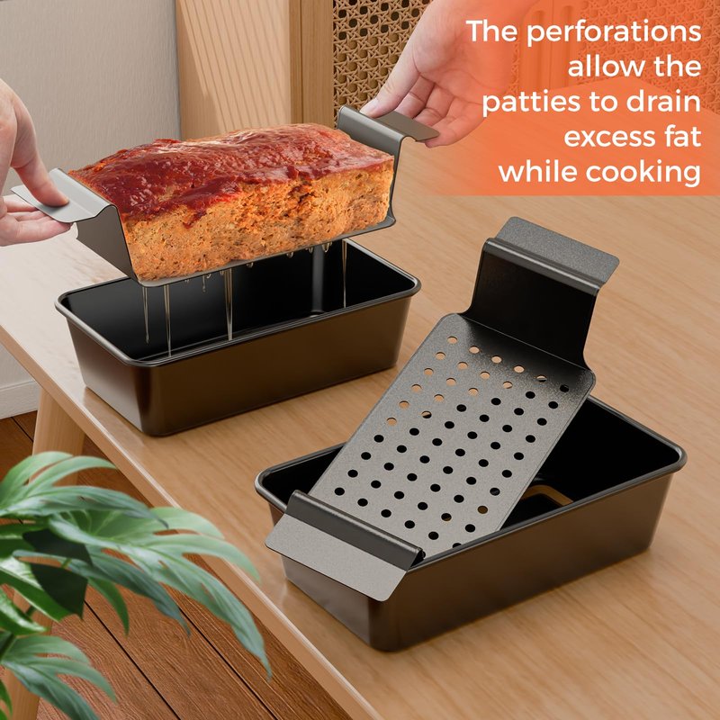 TLAZZ 2 Pack Meatloaf Pan with Drain Tray, Non Stick Meat Loaf Pan with Drip Tray, 9.4 x 5.5 Inch Loaf Pan for Baking Bread and Meatloaf