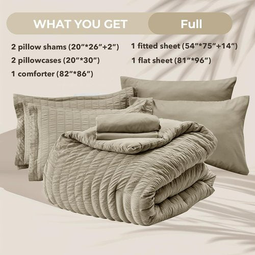 HYMOKEGE Linen Full Size Comforter Set - 7-Piece Seersucker Luxury Bedding in a Bag | All-Season Comfort
