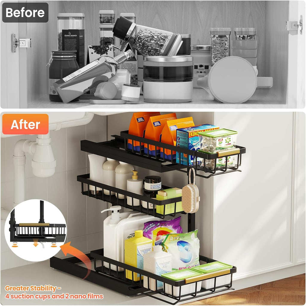 Under Sink Organizer - 2 Pack 3-Tier Pull-Out Shelf for Bathroom & Kitchen Storage | Slide-Out Drawer Solution