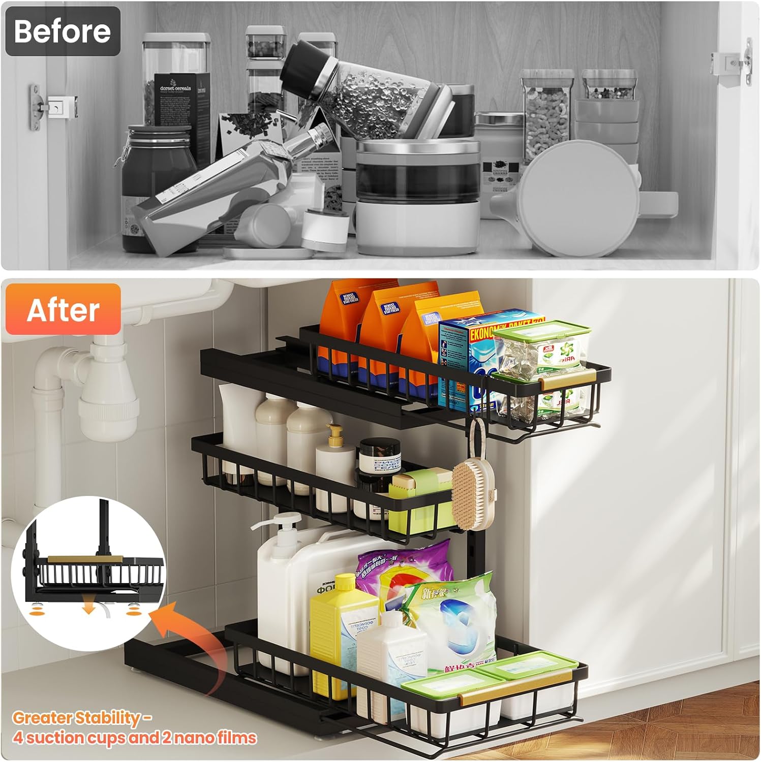 Under Sink Organizer - 2 Pack 3-Tier Pull-Out Shelf for Bathroom & Kitchen Storage | Slide-Out Drawer Solution