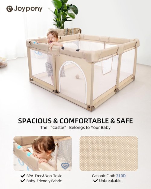 Joypony Baby Playpen - 50x50 Inch Safe Play Yard for Babies & Toddlers | Soft Mesh Design (Beige)