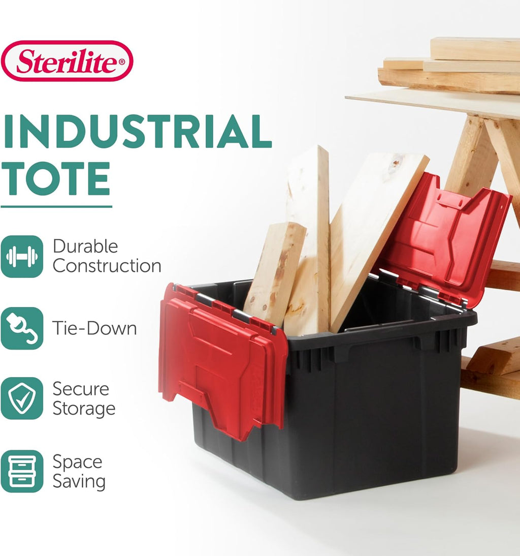 Sterilite 12 Gallon Heavy-Duty Industrial Tote - 6-Pack Stackable Storage Bins with Hinged Lids