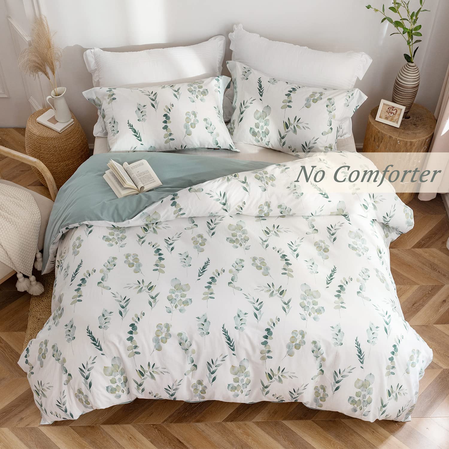 MILDLY King Duvet Cover Sage Green - 100% Washed Cotton Eucalyptus Printed Linen Feel Comforter Cover 3pcs with Zipper Closure Corner Ties
