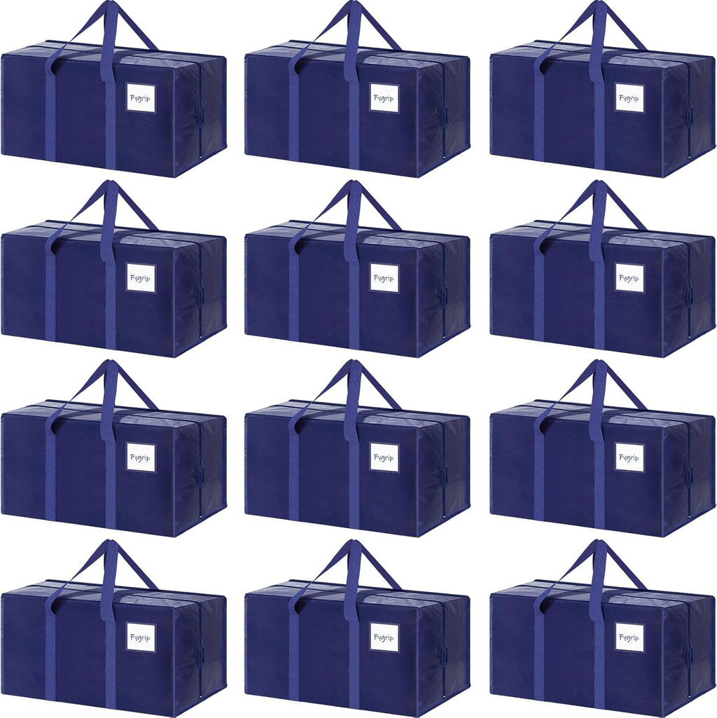 Skiennix Extra Heavy Duty Moving Bags - 12 Pack with Strong Zipper & Comfortable Handles | Dark Blue Storage Totes