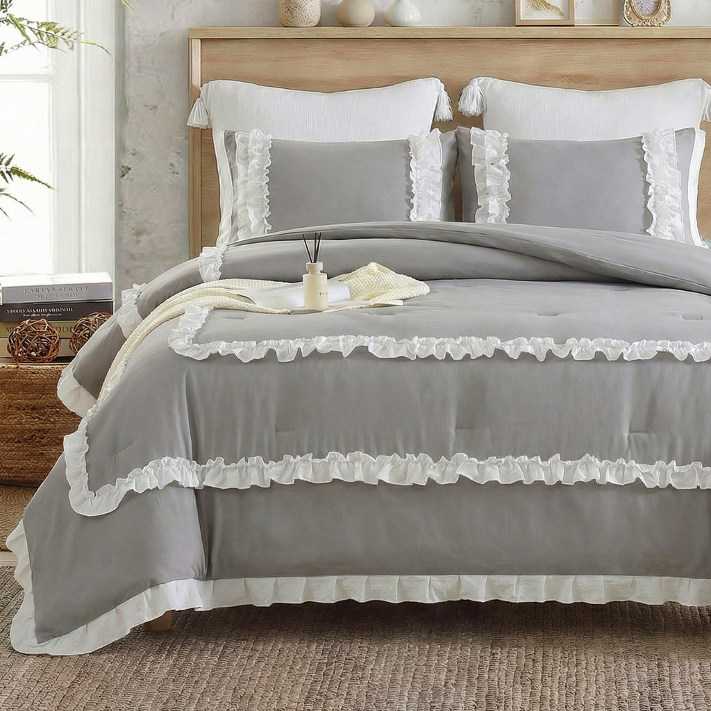 Bedorm Ruffle Comforter King Gray Farmhouse Bedding Set Pleated Ruffled Lace Comforter French Country Style Shabby Chic Bed Set Super Soft Cozy