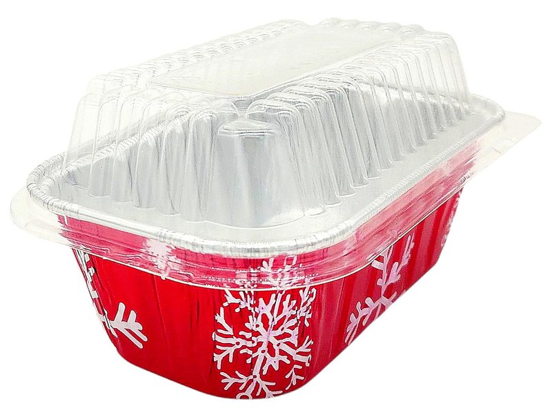 PACTOGO Disposable 1 lb. Red Holiday Christmas Aluminum Foil Small Mini Loaf/Bread Baking Pans with Clear Dome Lids (Pack of 12 Sets)
