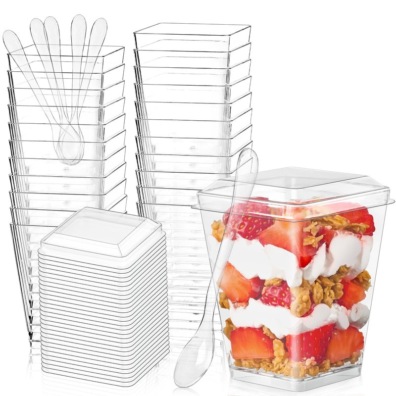 Soelomu 100 Pack 5 oz Plastic Dessert Cups with Lids and Spoons, Mini Parfait Cups Clear Dessert Shooter Cups for Banana Pudding, Jello, Fruit, Appetizer, Trifle
