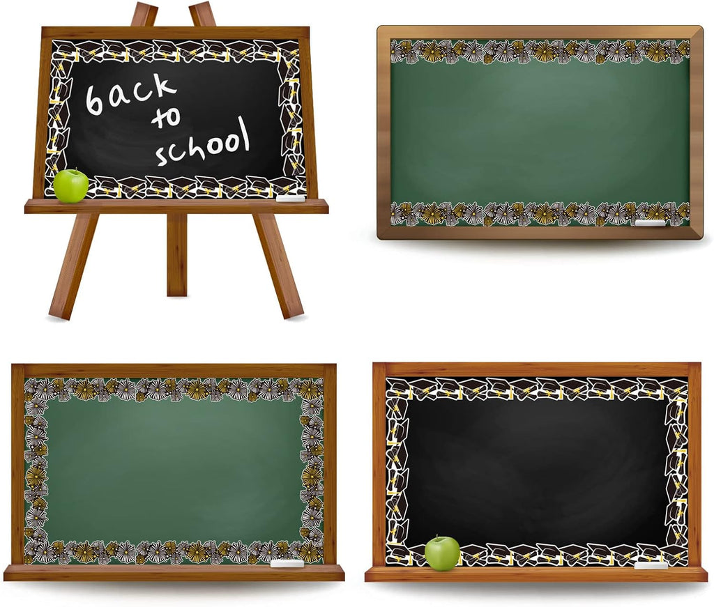 Whaline Graduation Bulletin Board Border - 69Ft Firework & Cap Design in Black, Gold, and White