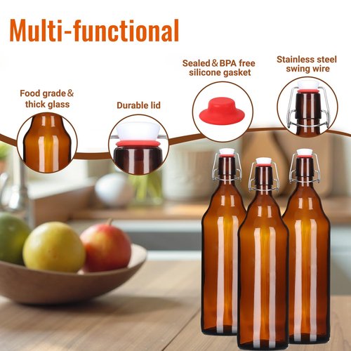 Miukada 6 Pack 32 oz Amber Swing Top Bottles, Flip Top Glass Beer Bottle with Airtight Lid for Home Brewing and Wine, Mead, Fermentation, Beverages, Kombucha