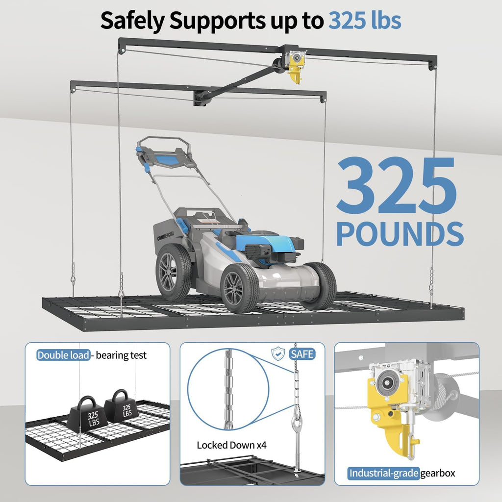 Overhead Garage Storage Rack - Heavy-Duty 4x8 FT Ceiling Mounted Lift System with Safety Lock | 325 lbs Capacity
