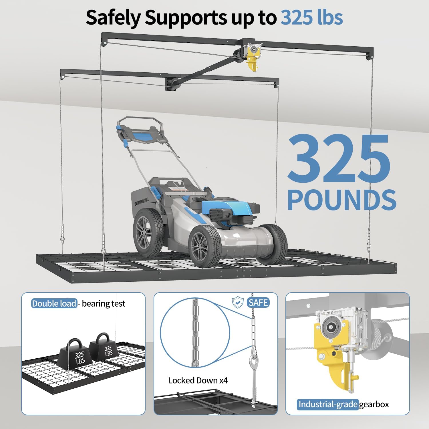 Overhead Garage Storage Rack - Heavy-Duty 4x8 FT Ceiling Mounted Lift System with Safety Lock | 325 lbs Capacity