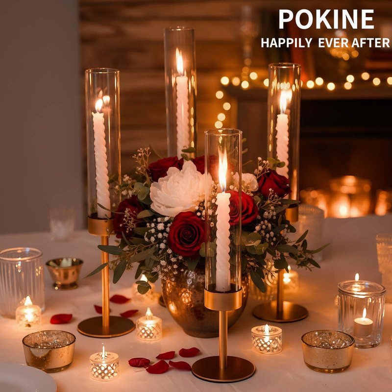 POKINE Set of 6 Gold Candle Holders, Tall Hurricane Candlestick Holders with Glass for Taper and Pillar Candles, Home Decor for Wedding, Christmas, Party, Anniversary, Dining Table