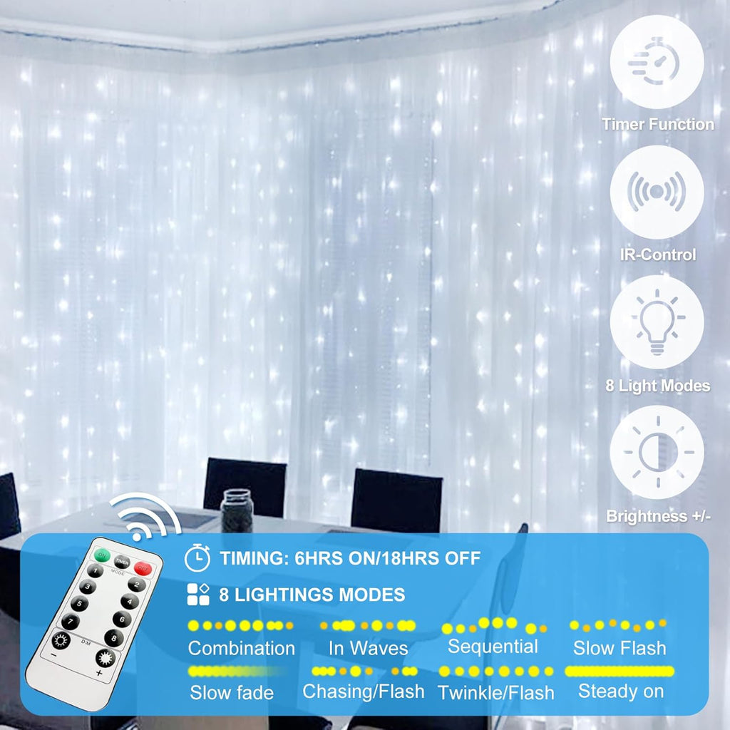 Skiennix 300 LED Fairy Curtain Lights - 9.8 x 9.8FT Cold White USB String Lights with Remote | 8 Modes for Christmas, Weddings & More