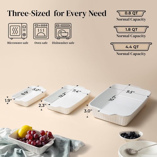 DOWAN Casserole Dishes Set - Ceramic Bakeware for Oven | 3-Piece Lasagna Pan Set in Soft White (15.6''/12.2''/8.9'')