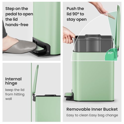 Cesun Small Bathroom Trash Can - Soft Close Lid & Step Pedal | 6L Stainless Steel, Anti-Fingerprint (Matt Green)