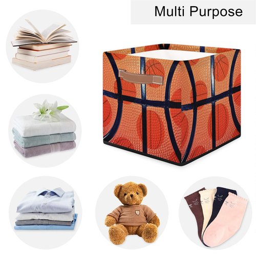 OMFUNS Sport Basketball Storage Basket 13x13 Ball Theme Collapsible Cube Storage Bin with Handle Fabric Storage Box Organizing for Closet Shelf Home Office Dorm Nursery Toy Basket