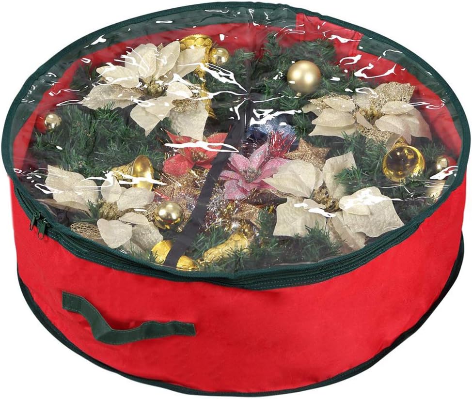 Primode Christmas Wreath Storage Bag - Extra Large 48" Container with Clear Window | Durable 600D Oxford Material | Red