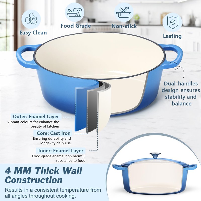 P&P CHEF Oval Dutch Oven with Lid, Enameled Cast Dutch Oven Pot for Bread Baking, Braising, Stewing, Roasting, Non-Stick & Oven Safe, Dual Handles & Easy Clean, 7QT & Blue, Valentine's Day
