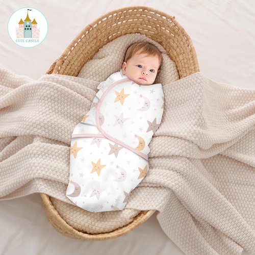 Cute Castle Baby Swaddle Sleep Sacks - Ergonomic Newborn Swaddle Blankets | 3-Pack (0-3 Months - Pink, Moon, Stars)