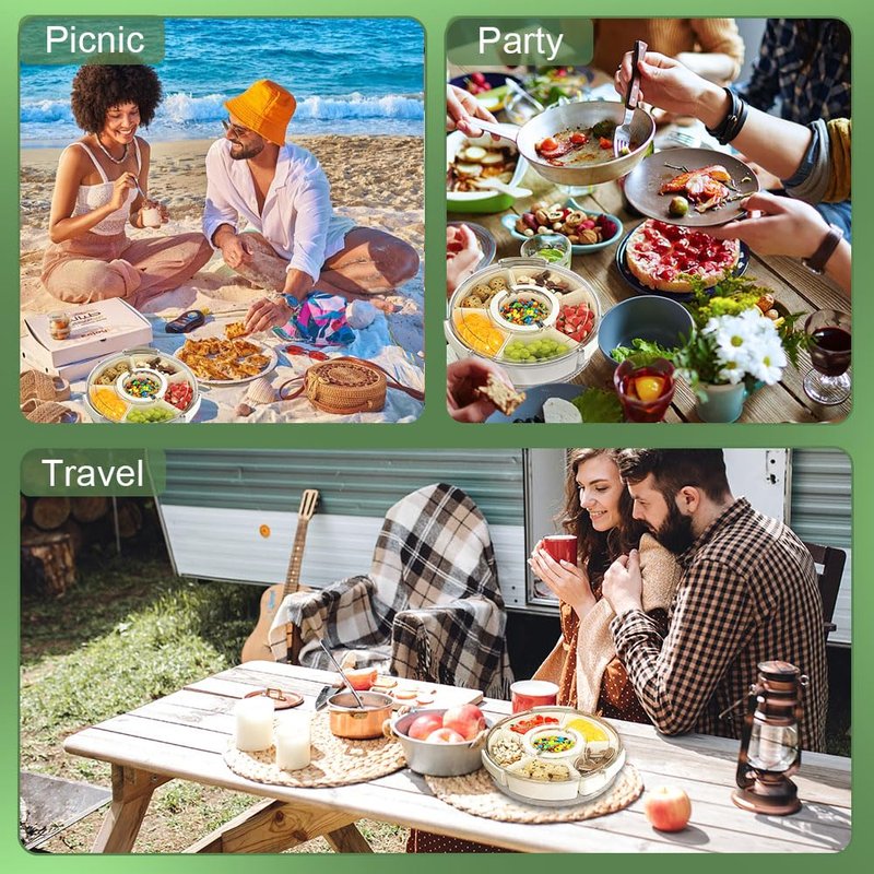 JIEZRIN Divided Serving Tray with Lid and Handle, Portable Snackle Box for Veggie, Fruit Snacks Organizer, Clear Snack Spinner Container for Outdoor, Kitchen, Party, Travel