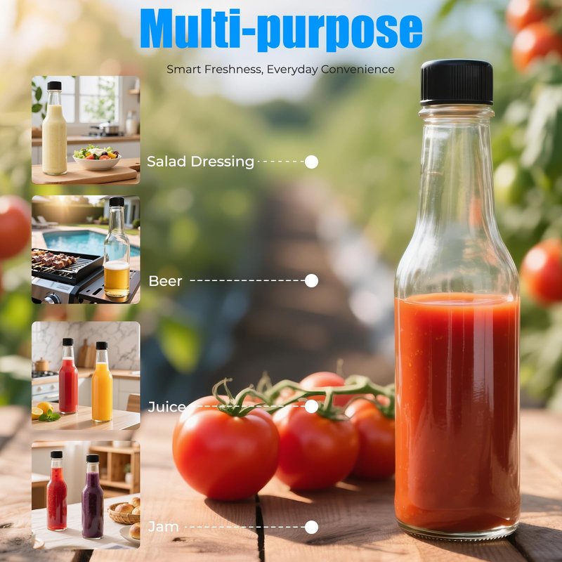 5 oz Hot Sauce Glass Bottles with Leak Proof Cap,Orifice Reducer Dripper Insert, 150 ml Clear Oil Bottle for Kitchen, Home Brewing Wine & Juicing Bottles. (Pack of 25)