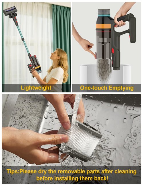 Cordless Vacuum Cleaner , 550W/45KP/60Mins(ECO MODE) Stick Vacuum Cordless Rechargeable for Home/CarPet/Pet Hair/Floor-3 Suction Modes,Smart Screen&Headlight,Self-Standing,Removable Battery,Lighweight