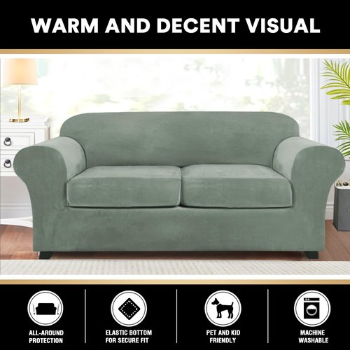 PrinceDeco Couch Cover Velvet Plush Sofa Covers for 2 Cushion Couch Width Up to 90 Inch Washable Furniture Protector Pet Friendly No Slip Sofa Slipcover(Medium-Large, Seagrass)